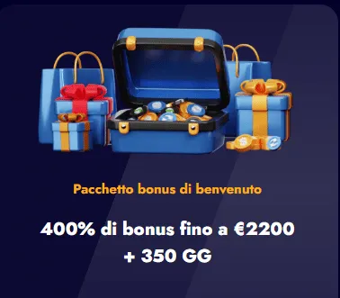 Pacchetto bonus di benvenuto 400 fino a 2200 euro 350 giri gratis